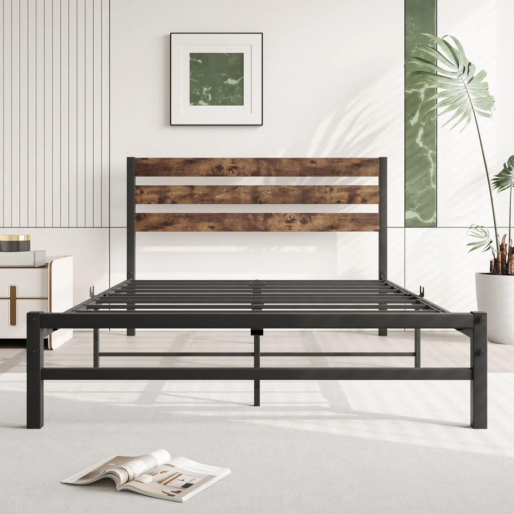 Slat Beds with Wooden Headboard Queen Size Metal Bed Frame