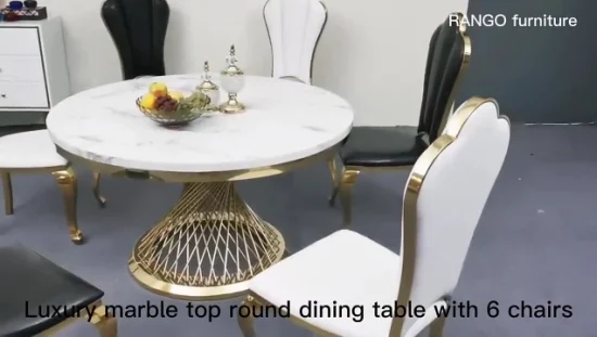 Juego de mesa de comedor de mármol con mesa de cena de lujo comercial al por mayor con 6 sillas de comedor de terciopelo