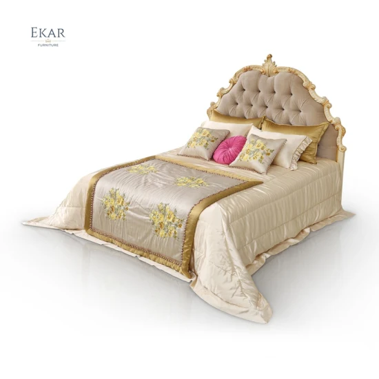 Juego de muebles de dormitorio antiguo de lujo, cama de madera tamaño King, cabecero de tela tallada a mano, marco de cama de madera maciza