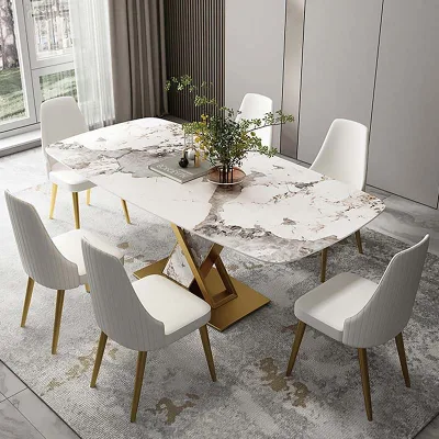Silla de restaurante de cuero de lujo, mesa rectangular de mármol, juego de muebles de comedor para banquetes