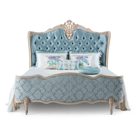 Muebles de dormitorio antiguos franceses Soild madera de fresno tallado tapizado tela azul King Size marco de cama de boda real