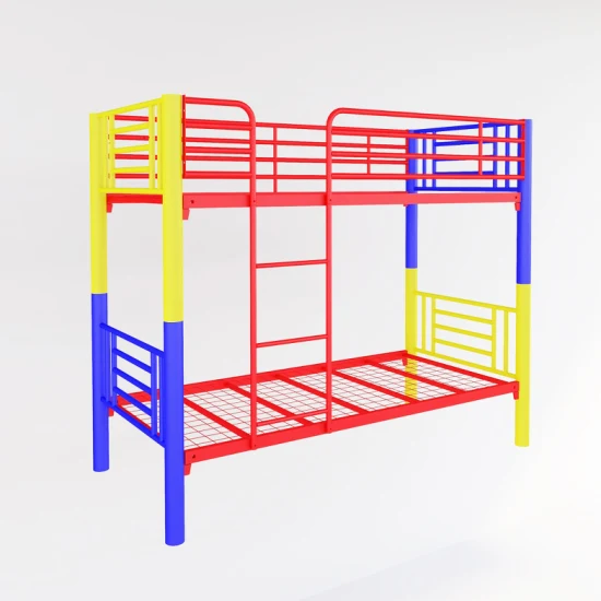 Litera con estructura de cama doble con escalera y barandilla de longitud completa Metal rojo, amarillo y azul