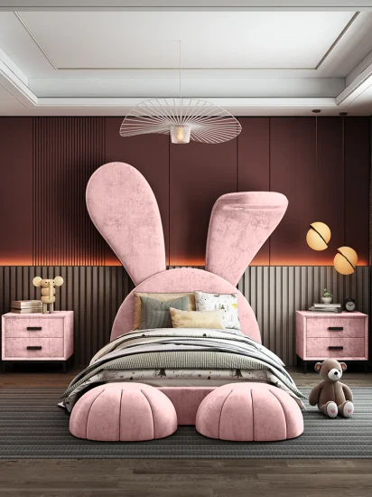 Nova Pink Rabbit Design Cartoon Kids Bed Room Luxury Children Dormitorio Muebles Tela Niñas Camas tapizadas