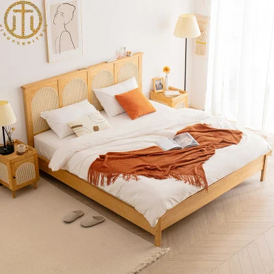 Cama de madera maciza de ratán simple retro chino para dormitorio