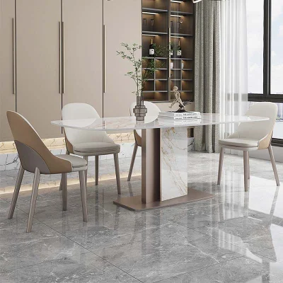 Mesa de comedor rectangular de cocina de restaurante con patas de piedra de acero de diseño simple con sillas