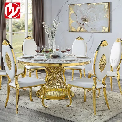 Muebles de comedor de diseño moderno, mesa de comedor de mármol con sillas doradas para banquetes de acero inoxidable
